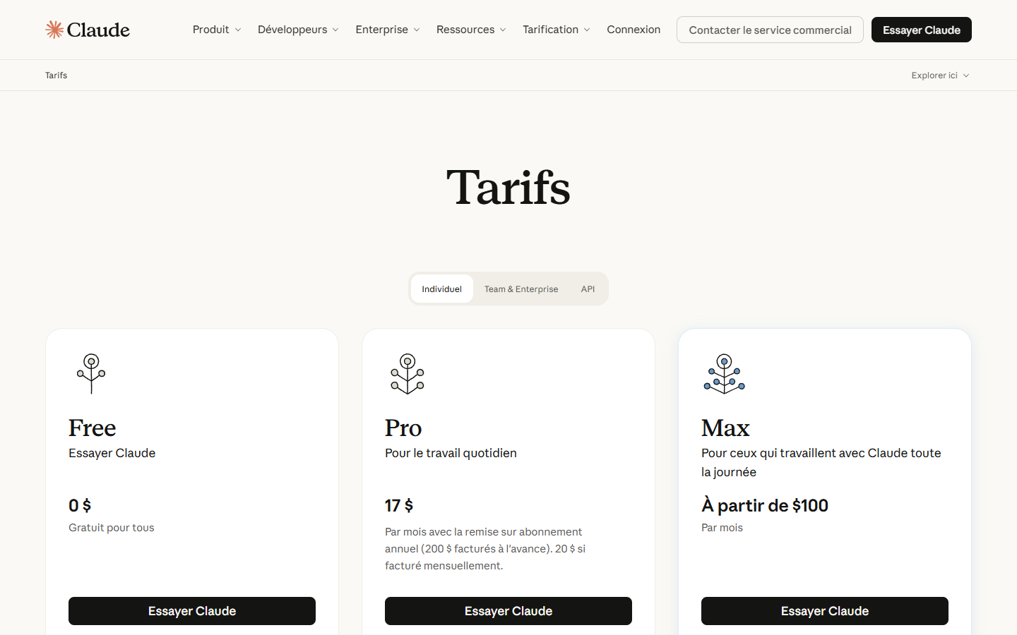 la page des offres de Claude, avec les offres qui comprennent Claude Code.