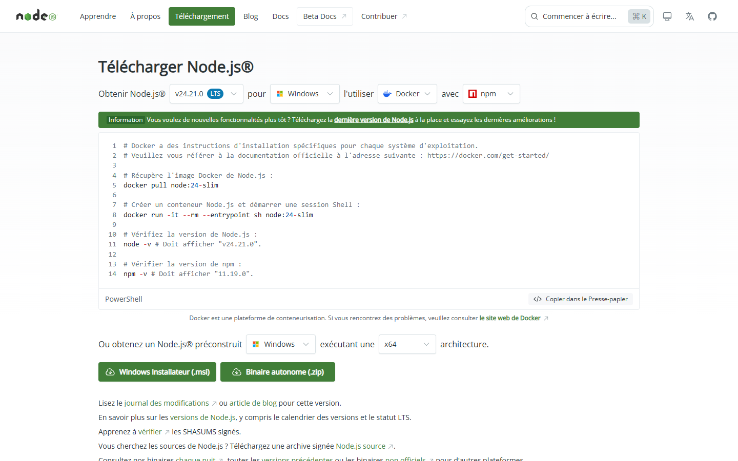 la page de téléchargement de nodejs.org, avec la mention LTS et le bouton de l'installateur mis en évidence.
