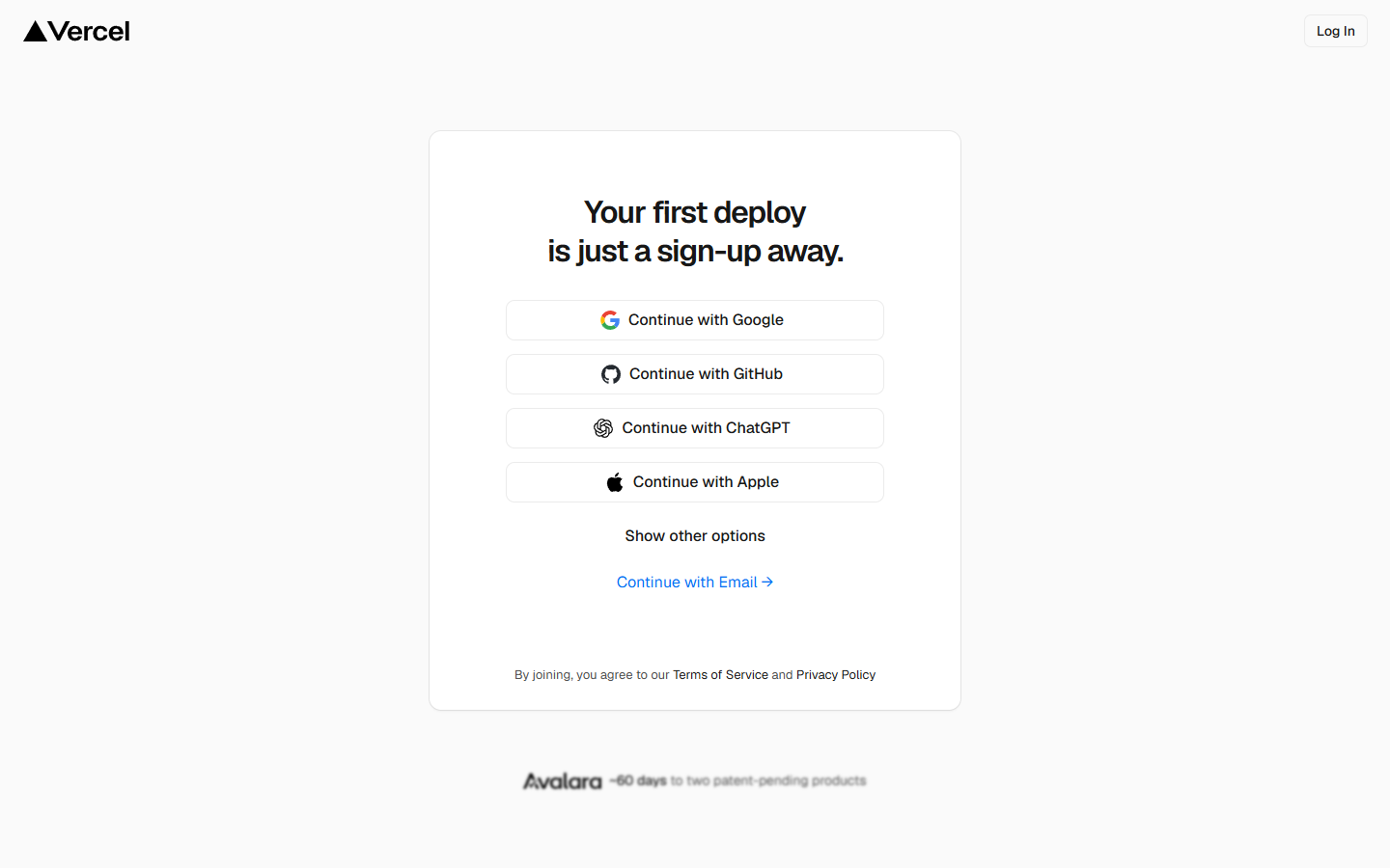 la page d'inscription de Vercel, avec le bouton « Continue with GitHub ».