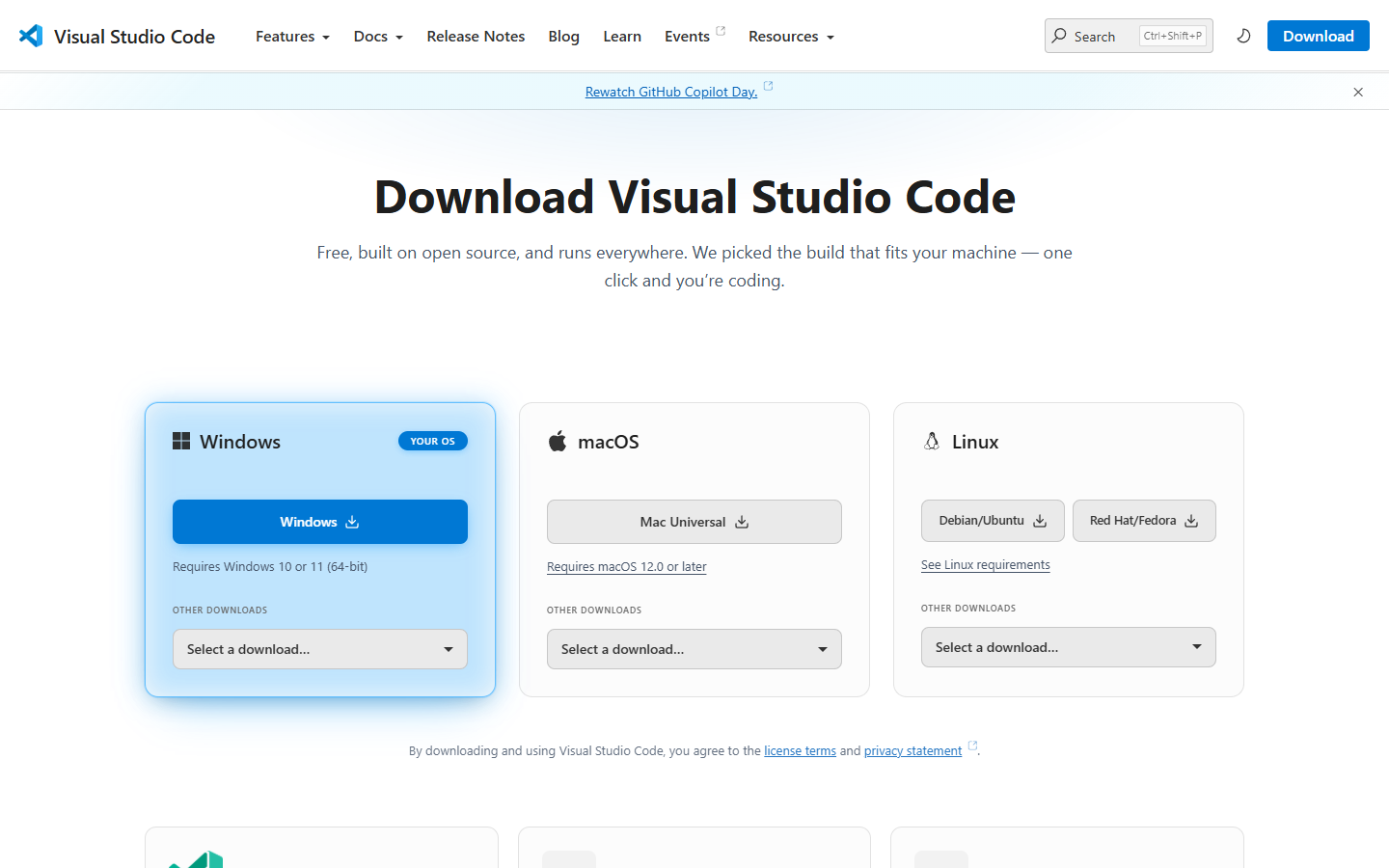 la page code.visualstudio.com/download, avec les boutons Windows et Mac.